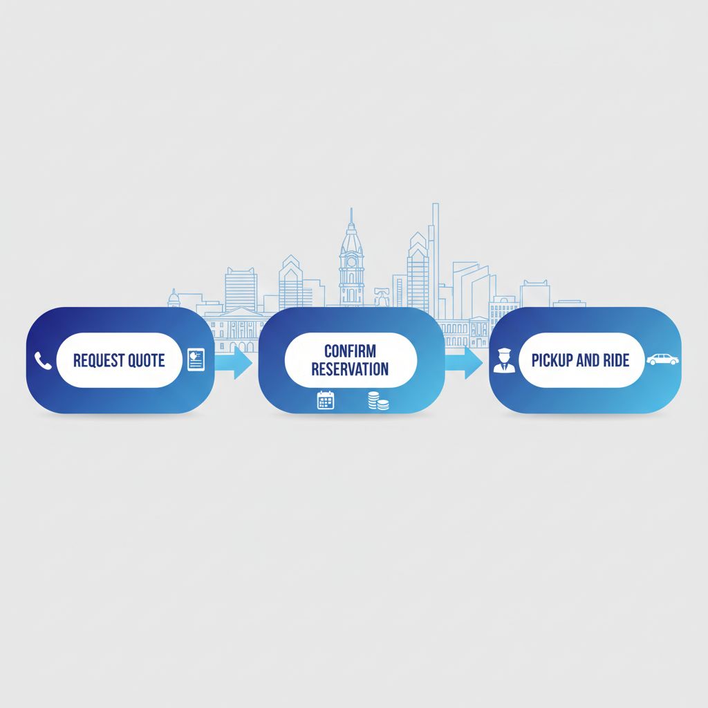 Horizontal process flow diagram illustrating the three-step limousine booking process: request quote, confirm reservation, and pickup and ride in Philadelphia.