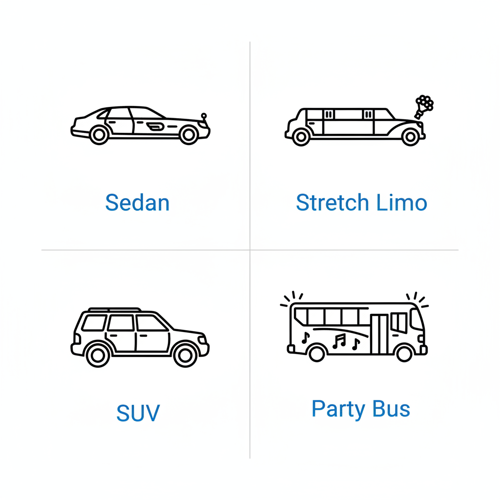 Grid of icons depicting sedan, stretch limo, SUV, and party bus for Philadelphia limo services.